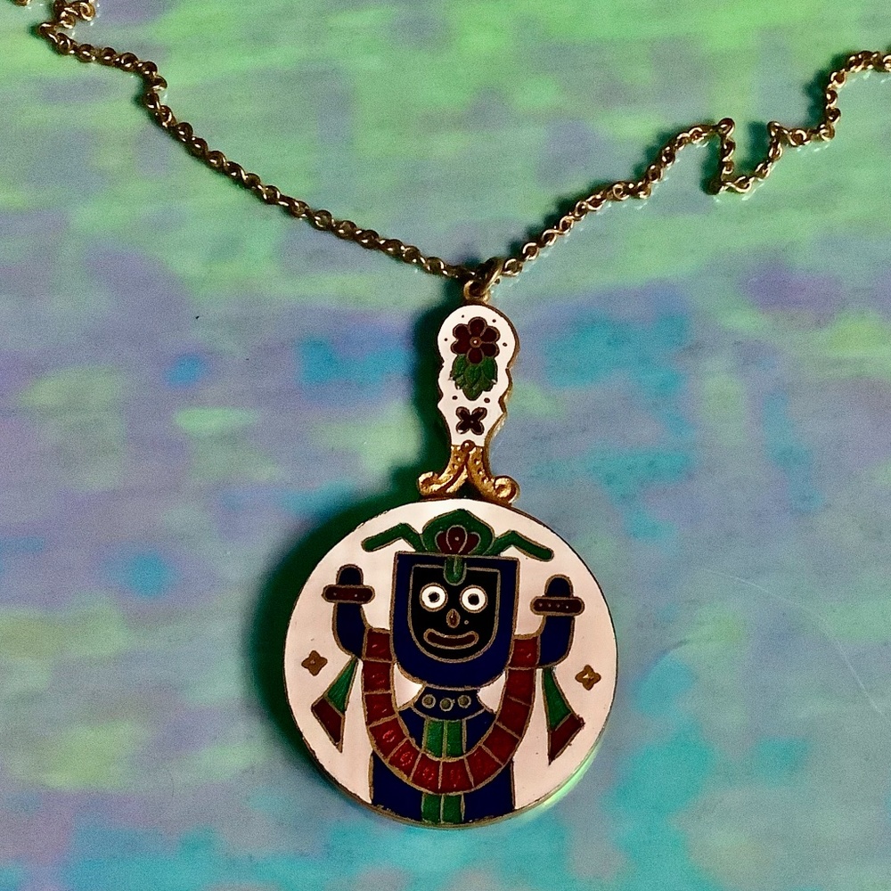 Vintage Cloisonné Enamel Necklace Mirror Pendant